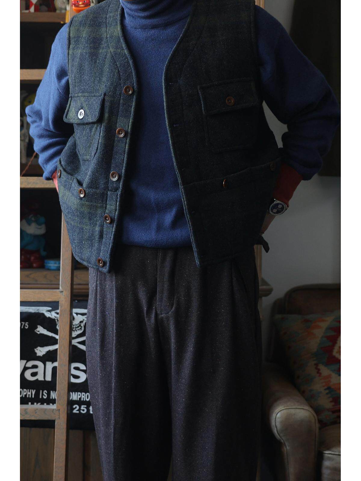 Leather Work Vest For Men - セカンドオーダー FW24 6ポケットワークジレ クラシックプレイドハンティングスタイル マルチポケットベスト