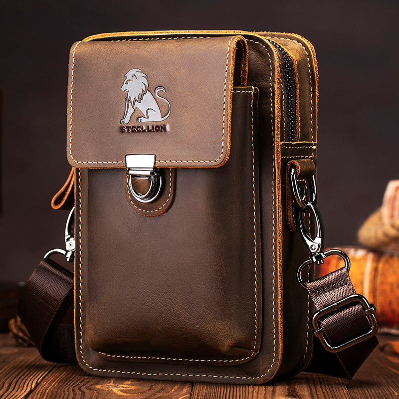 Leatherwork Fasteners - クレイジーホーススキンメンズ着用ベルト電話ウエストバッグトップレイヤー牛革多機能シングルショルダークロスボディ電話バッグ