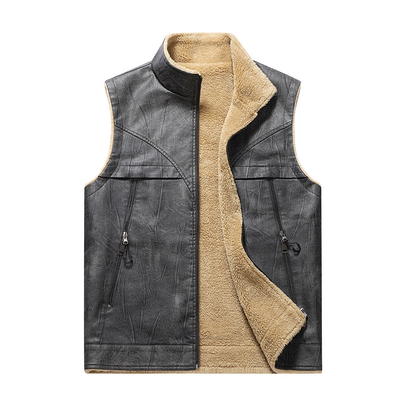 Leather Work Vest For Men - 秋冬新作プラッシュPUレザーベストメンズアウトドアスポーツウォームベスト、ショルダーワークウェア、ホースクリップジャケット