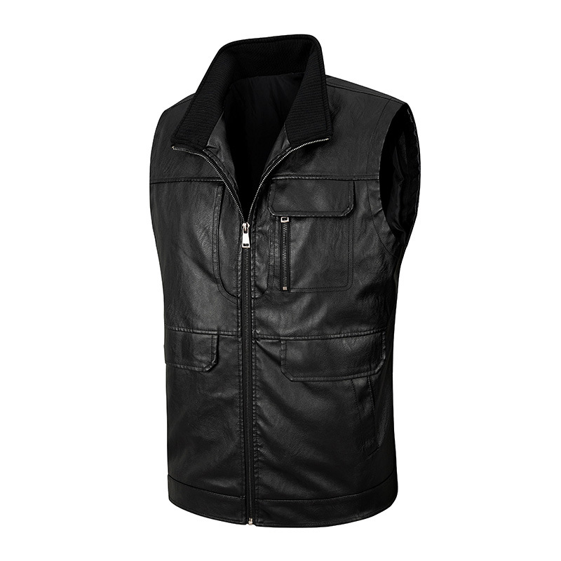 Leather Work Vest For Men - メンズレザーベスト、薄手スタンドカラーベスト、メンズアウトドアゆったり作業服、中高年向けフィッシングジャケット