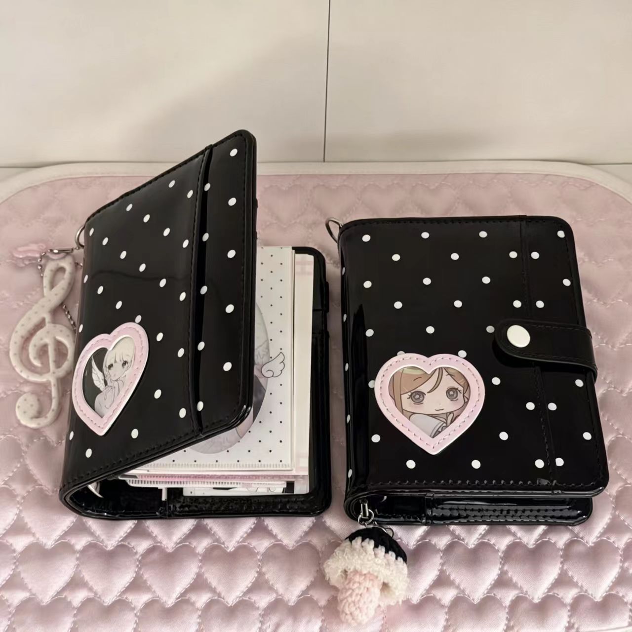 Leather Work Notebook - 韓国風水玉ハートM5 PUレザー ルーズリーフバインダーノート ポータブルジャーナルプランナー 学生向け