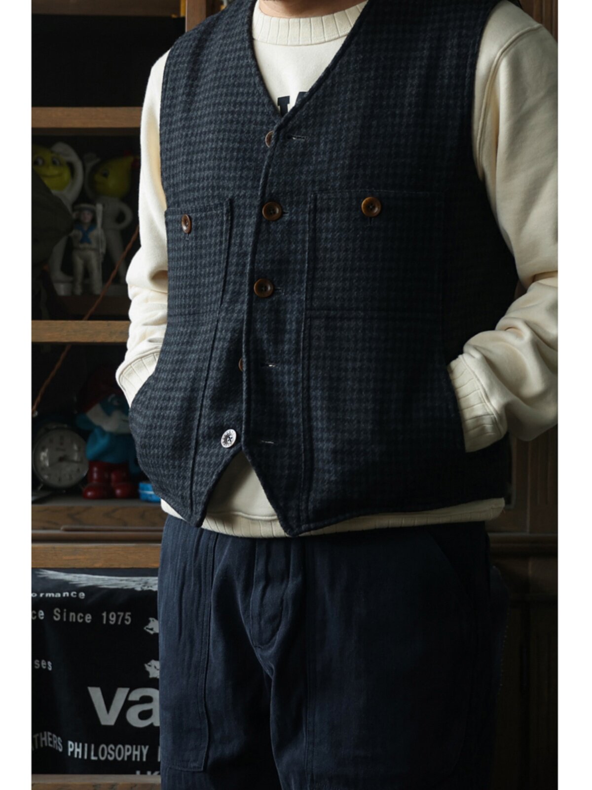 Leather Work Vest For Men - Secondorder FW24 ヴィンテージウールワークベスト クラシック千鳥格子柄ワークウェアウエストコート