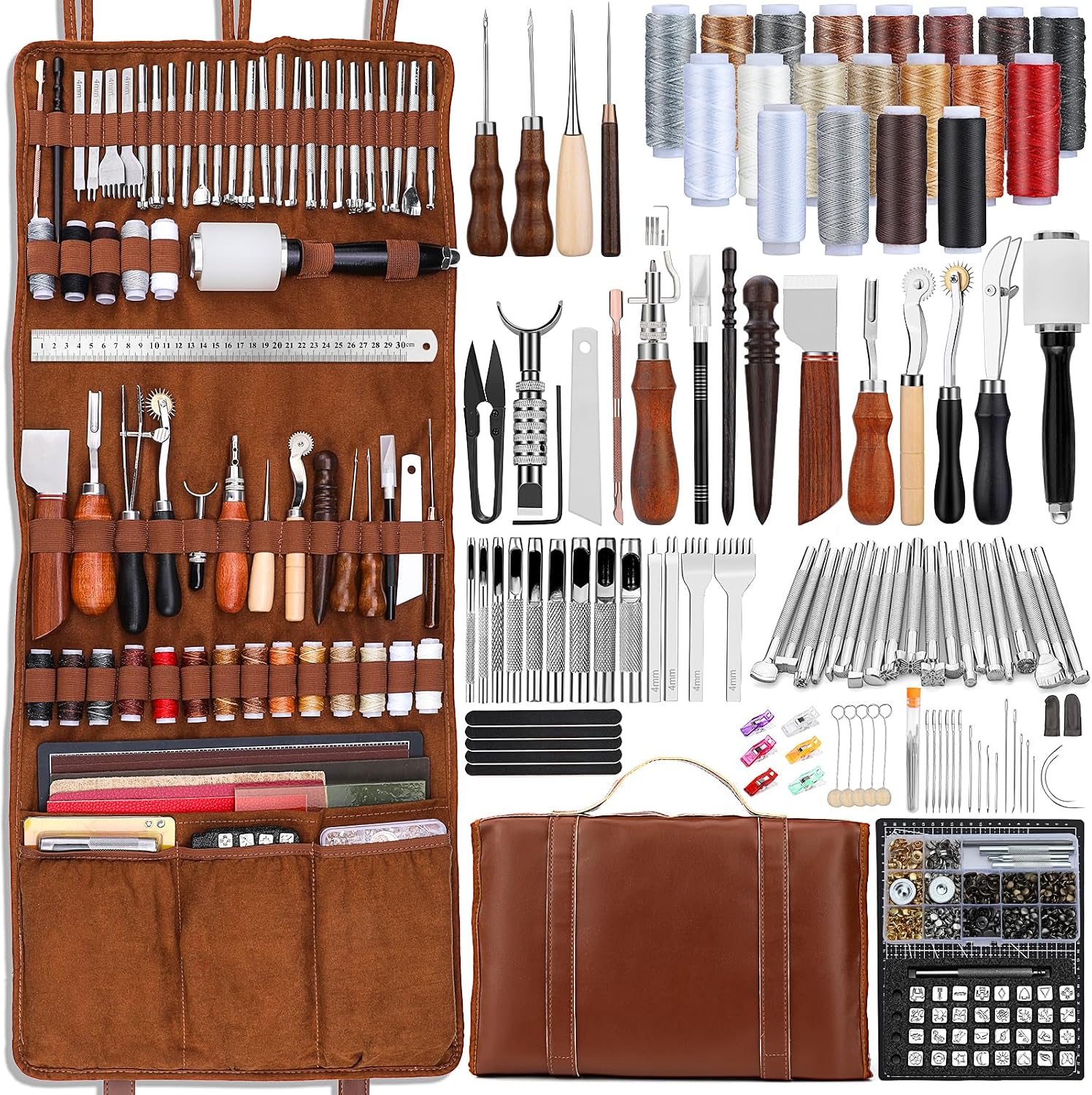 Leatherwork Tool Kit - レザーツールキット レザークラフトツール レザーワーキングキット カスタムハンドバッグ用カッティングマット付き 彫刻・パンチング・縫製・スタンピング・サンディングツール 手芸作品用