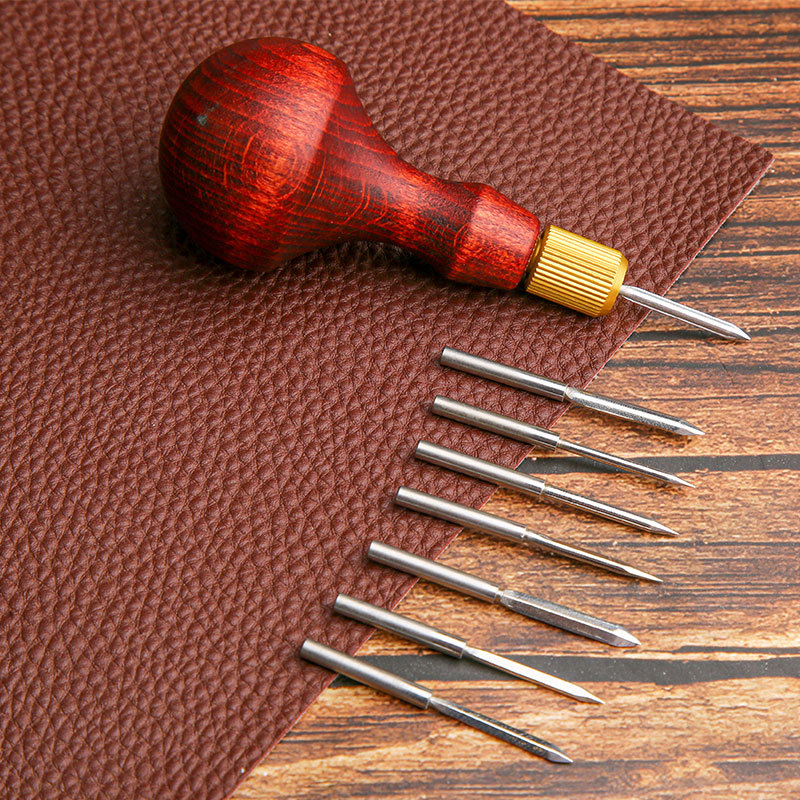 Leatherwork Hole Punch - 日曜大工の革製パンチオール、交換可能なニードルヘッド、手作りパンチ、木製ハンドル、靴パンチ、ホールステッチツール、1セット