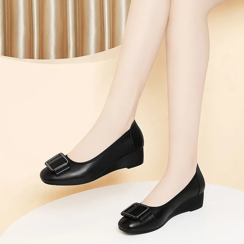 Leatherwork Fasteners - zapatos de mujer 女性のかわいいラウンドトゥ軽量ブラックパテントレザースプリングスリッポンウェッジヒールシューズオフィスワークシューズ a583