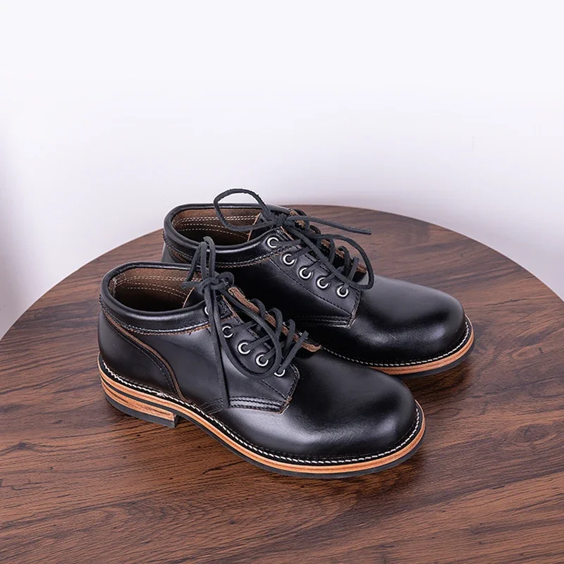 Youtube Leatherwork - 男性用ブラックティーコア牛革ワークブーツ,耐摩耗性,丸いつま先,レースのショートチューブ,ハイカジュアルなワークシューズ