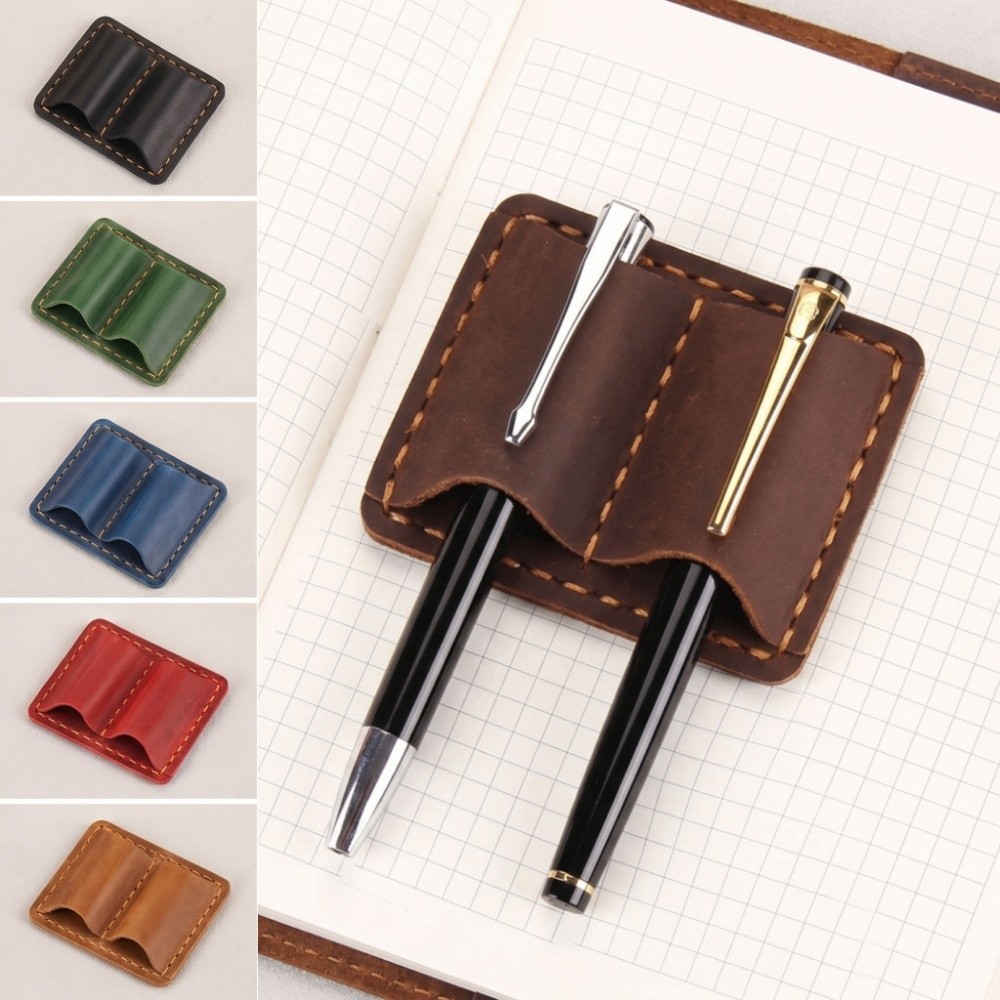 Leather Work Notebook - ダブルヴィンテージレザーペンループホルダー エレガントな手作りレトロペンホルダー 紛失防止メタルクリップ ペンケース ジャーナル用