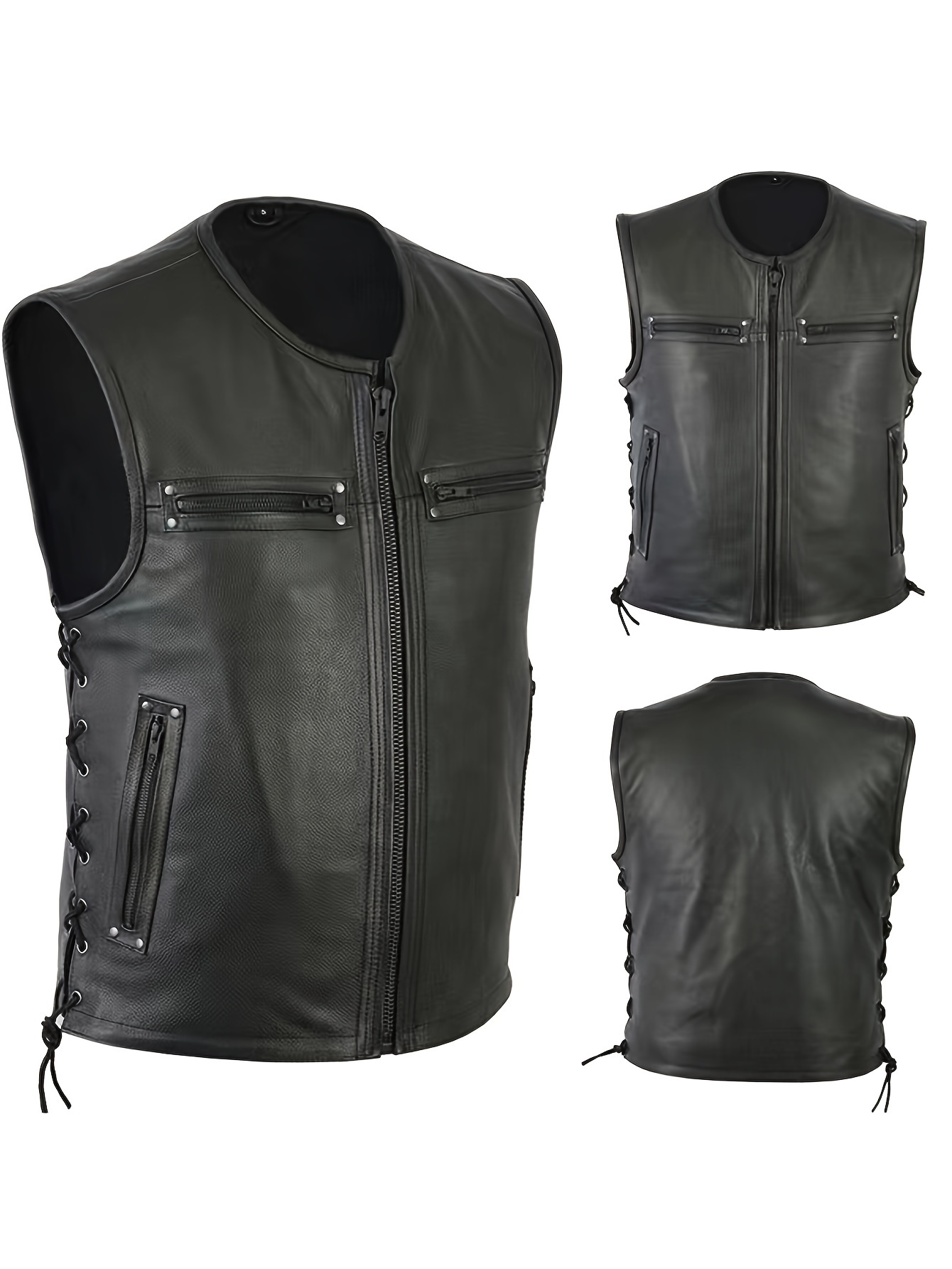 男性ソリッドカラーベストオートバイフリートパンクレザーベスト - Leather Work Vest For Men のレビューと価格