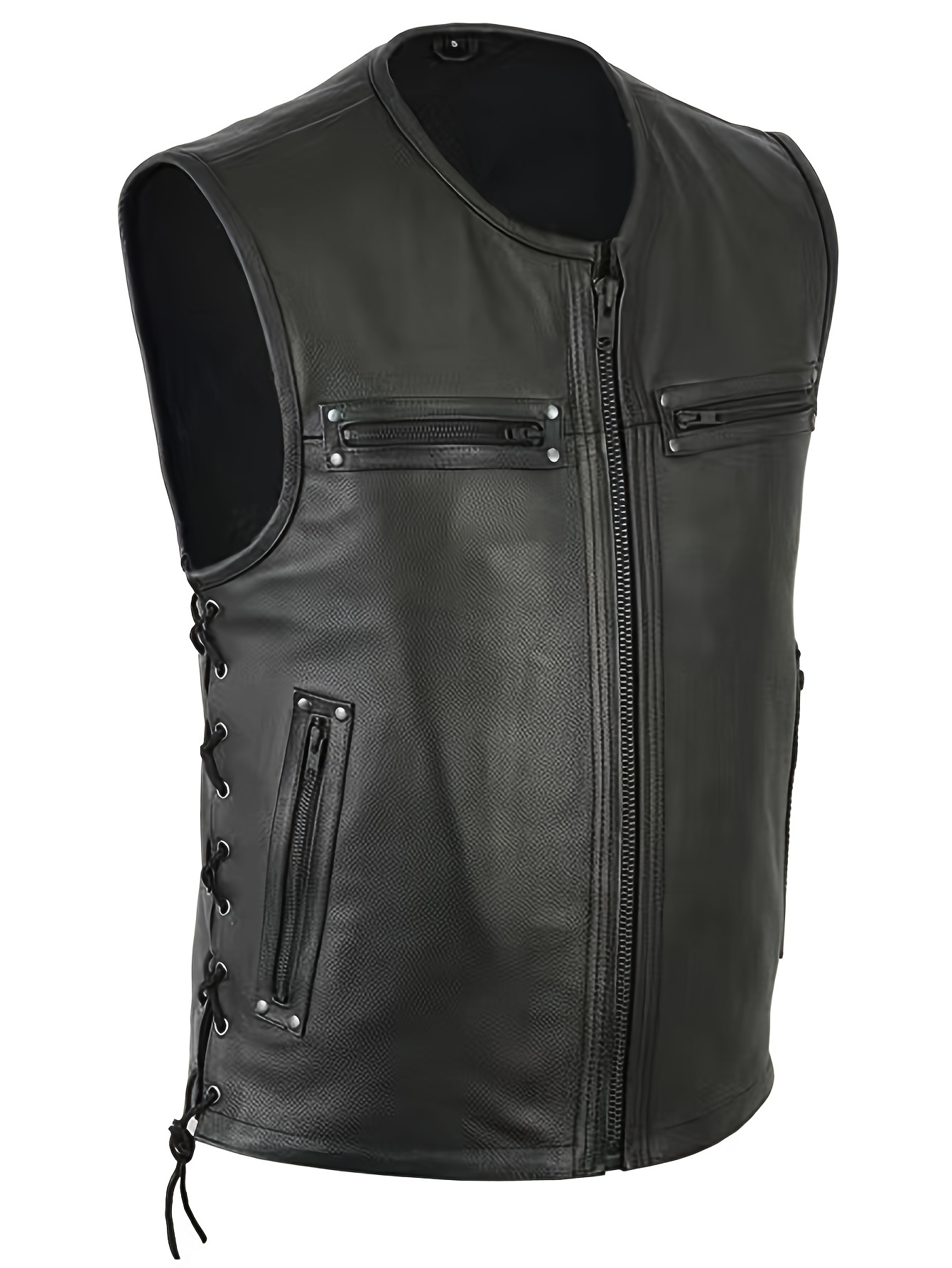男性ソリッドカラーベストオートバイフリートパンクレザーベスト - Leather Work Vest For Men のレビューと価格