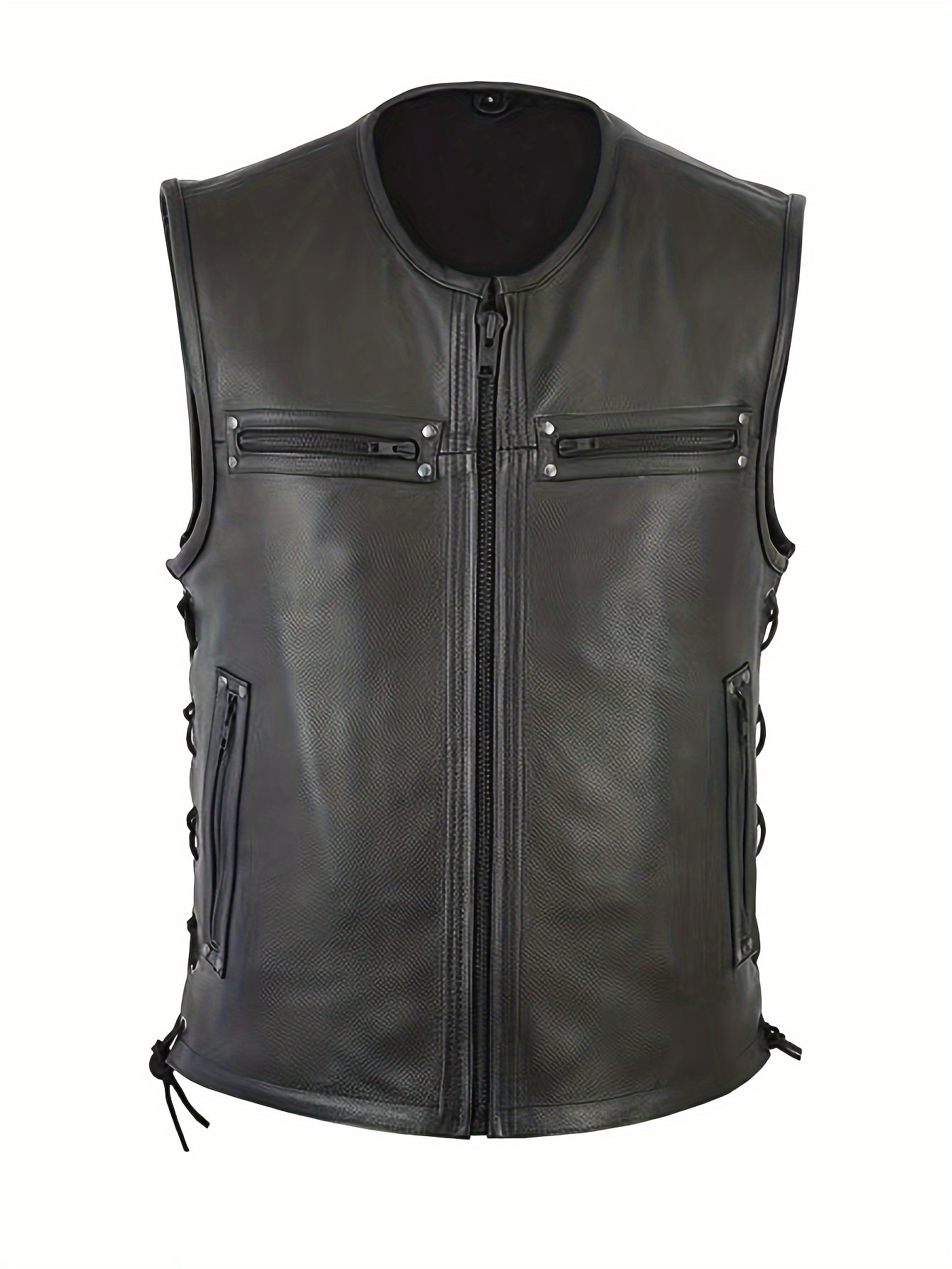 男性ソリッドカラーベストオートバイフリートパンクレザーベスト - Leather Work Vest For Men のレビューと価格