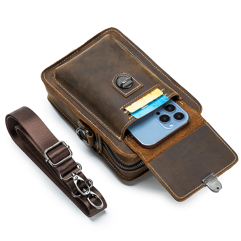 クレイジーホーススキンメンズ着用ベルト電話ウエストバッグトッ - Leatherwork Fasteners のレビューと価格