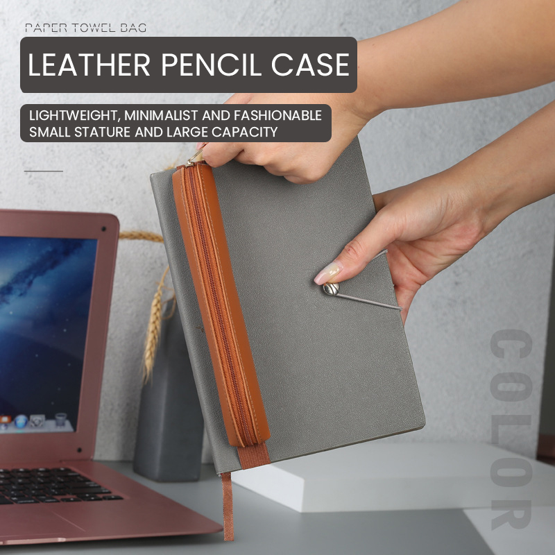 ジッパー付き鉛筆スリーブ付きPUレザーペンホルダー、ゴムバン - Leather Work Notebook のレビューと価格