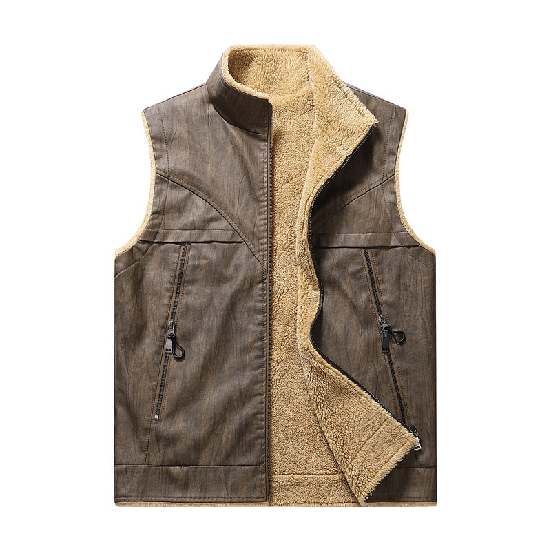 秋冬新作プラッシュPUレザーベストメンズアウトドアスポーツウ - Leather Work Vest For Men のレビューと価格