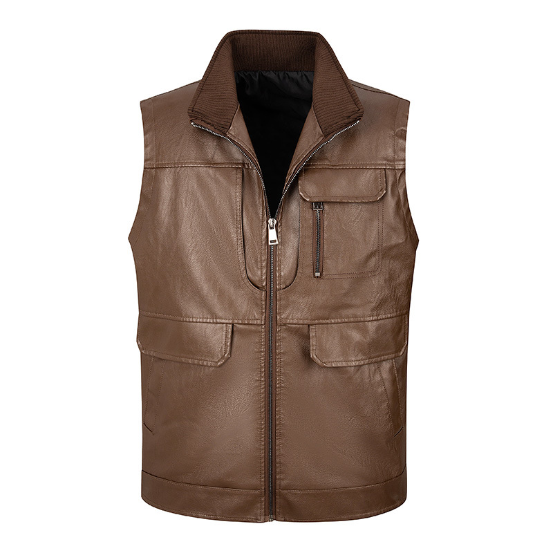 メンズレザーベスト、薄手スタンドカラーベスト、メンズアウトド - Leather Work Vest For Men のレビューと価格