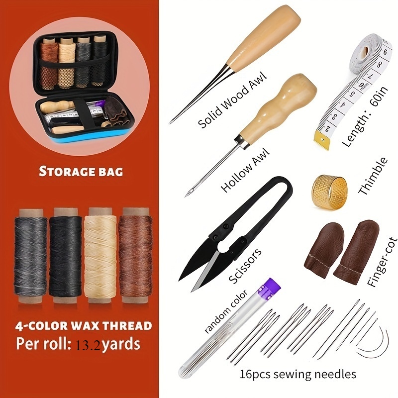 [革作業キット] 革縫製キット、大きな目針、ワックス糸、革張 - Leatherwork Tool Kit のレビューと価格