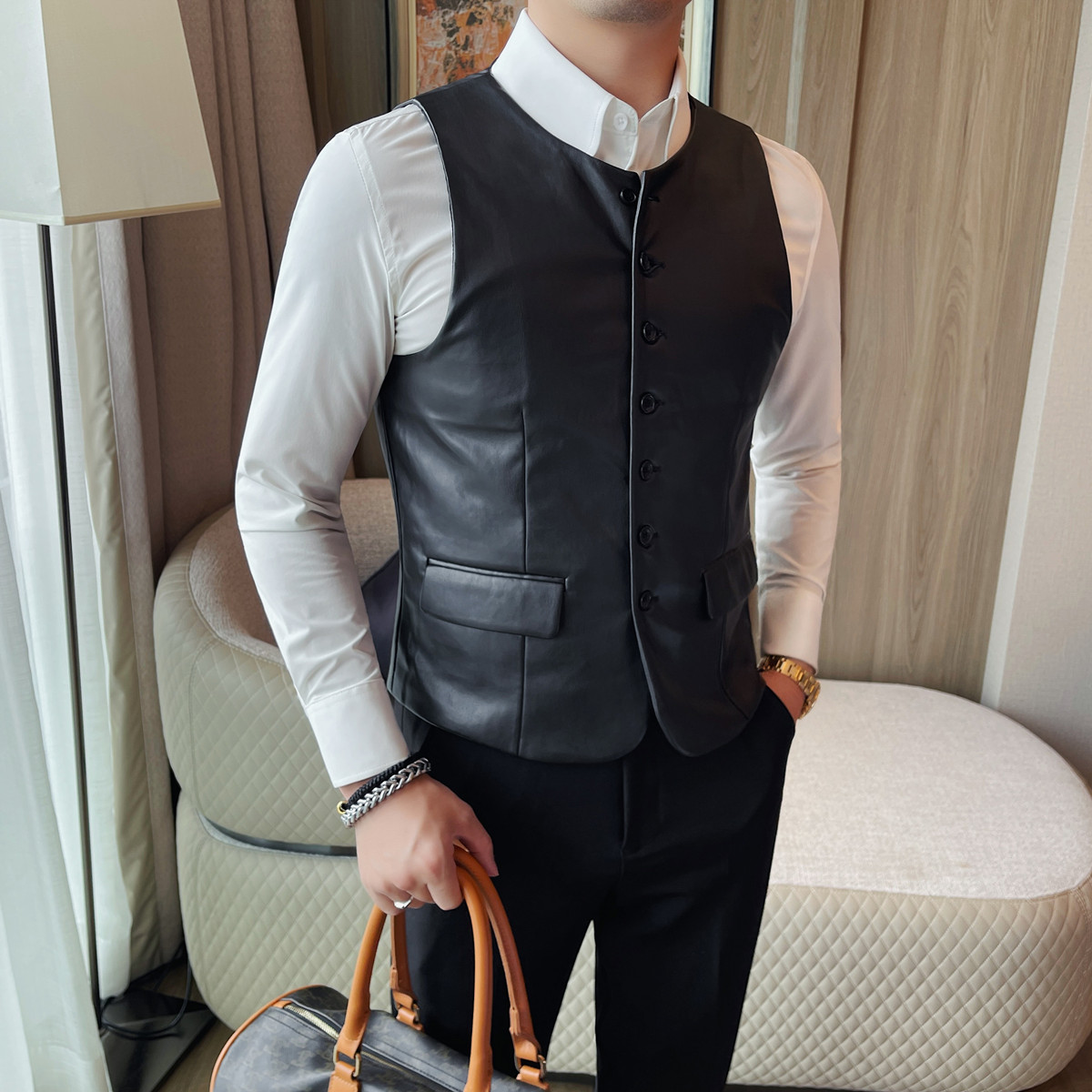 2025年秋 メンズカジュアルレザーベスト スリムフィット  - Leather Work Vest For Men のレビューと価格