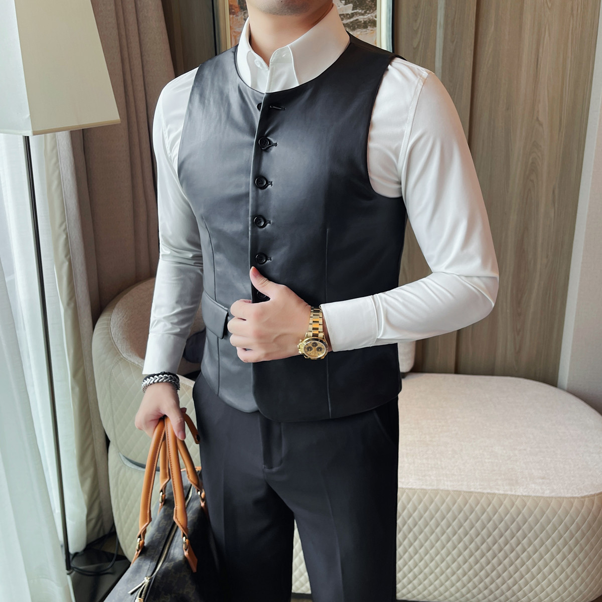 2025年秋 メンズカジュアルレザーベスト スリムフィット  - Leather Work Vest For Men のレビューと価格