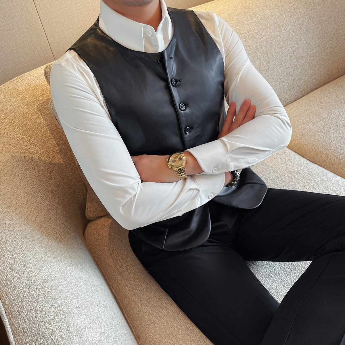 2025年秋 メンズカジュアルレザーベスト スリムフィット  - Leather Work Vest For Men のレビューと価格