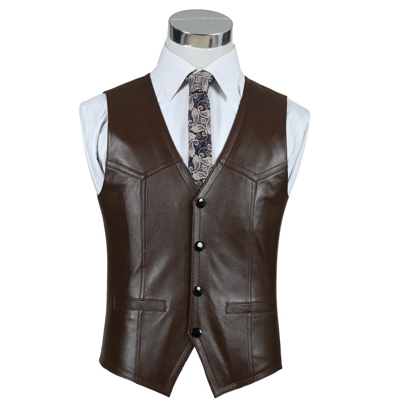 本革シープスキンベスト男性ブラウンビジネスワークジャケットノ - Leather Work Vest For Men のレビューと価格