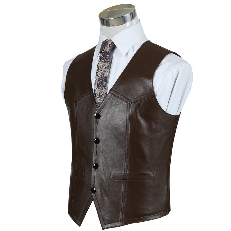 本革シープスキンベスト男性ブラウンビジネスワークジャケットノ - Leather Work Vest For Men のレビューと価格